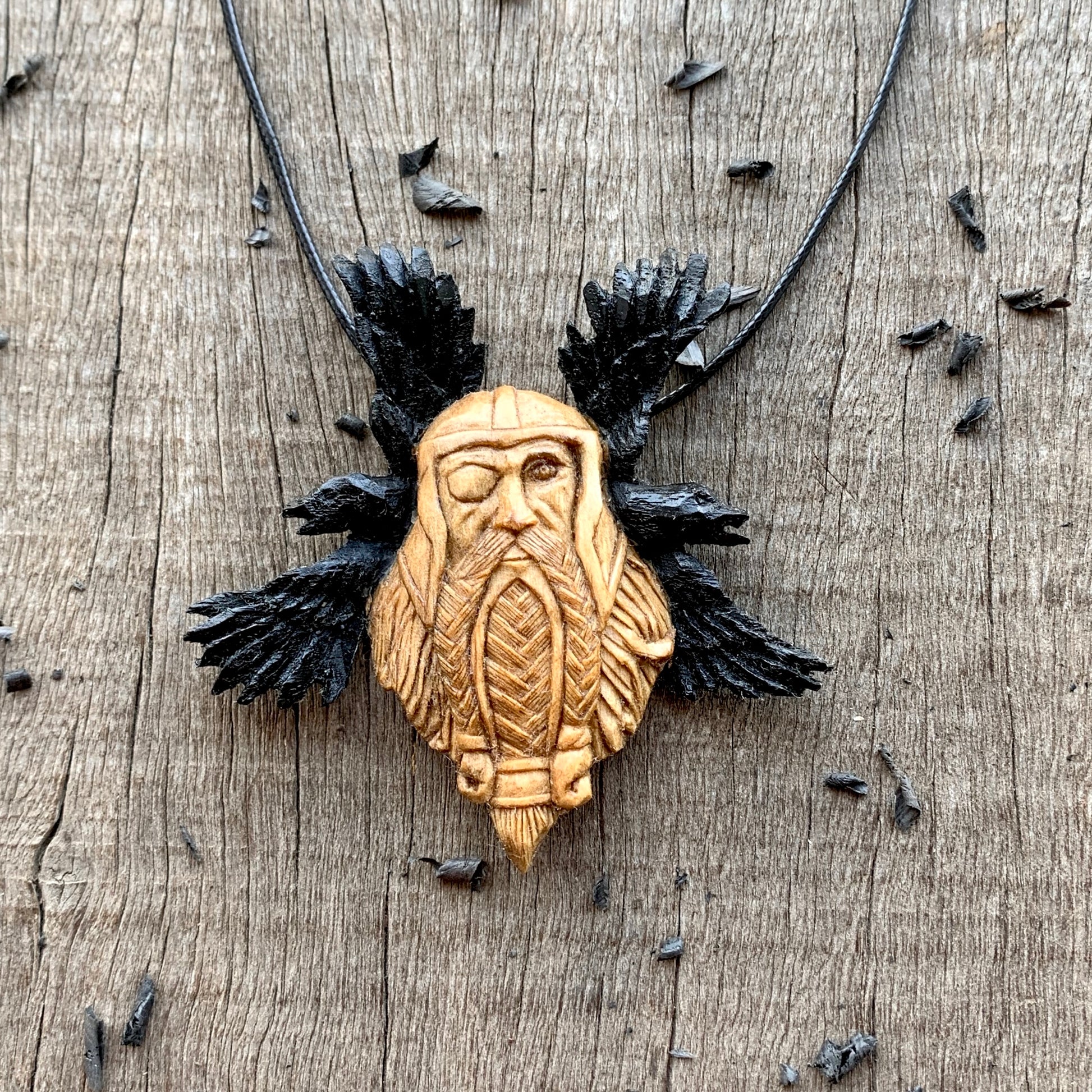 Unique Walnut Wood Odin's Horns and Runes Pendant