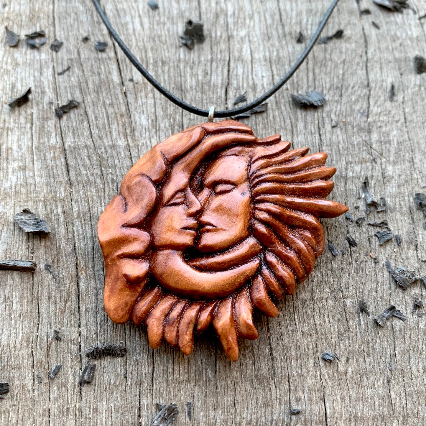 Sun and Moon Kissing Pendant, Hand Carved Wooden Necklace