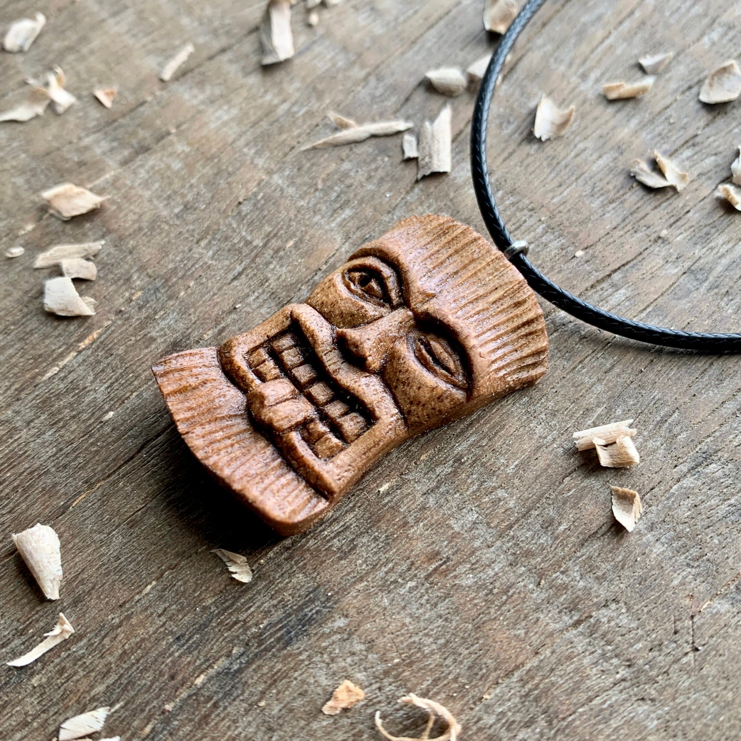 Wooden Walnut Tiki Mask Pendant