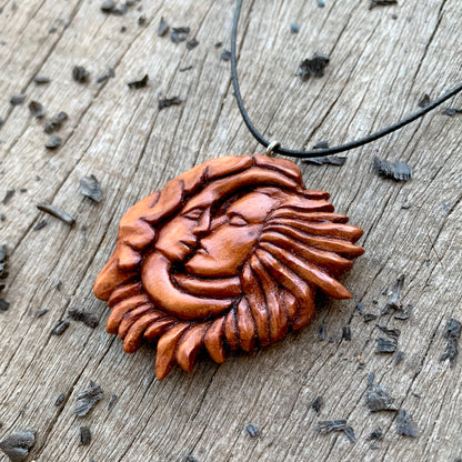 Sun and Moon Kissing Pendant, Hand Carved Wooden Necklace