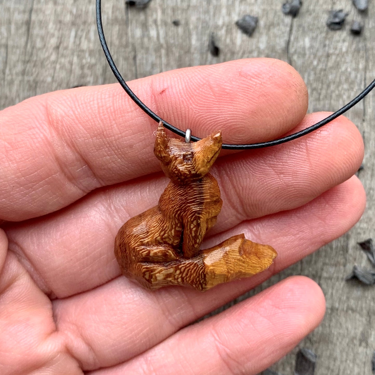 Hand Carved Fox Pendant Necklace, Almond Wood Jewelry