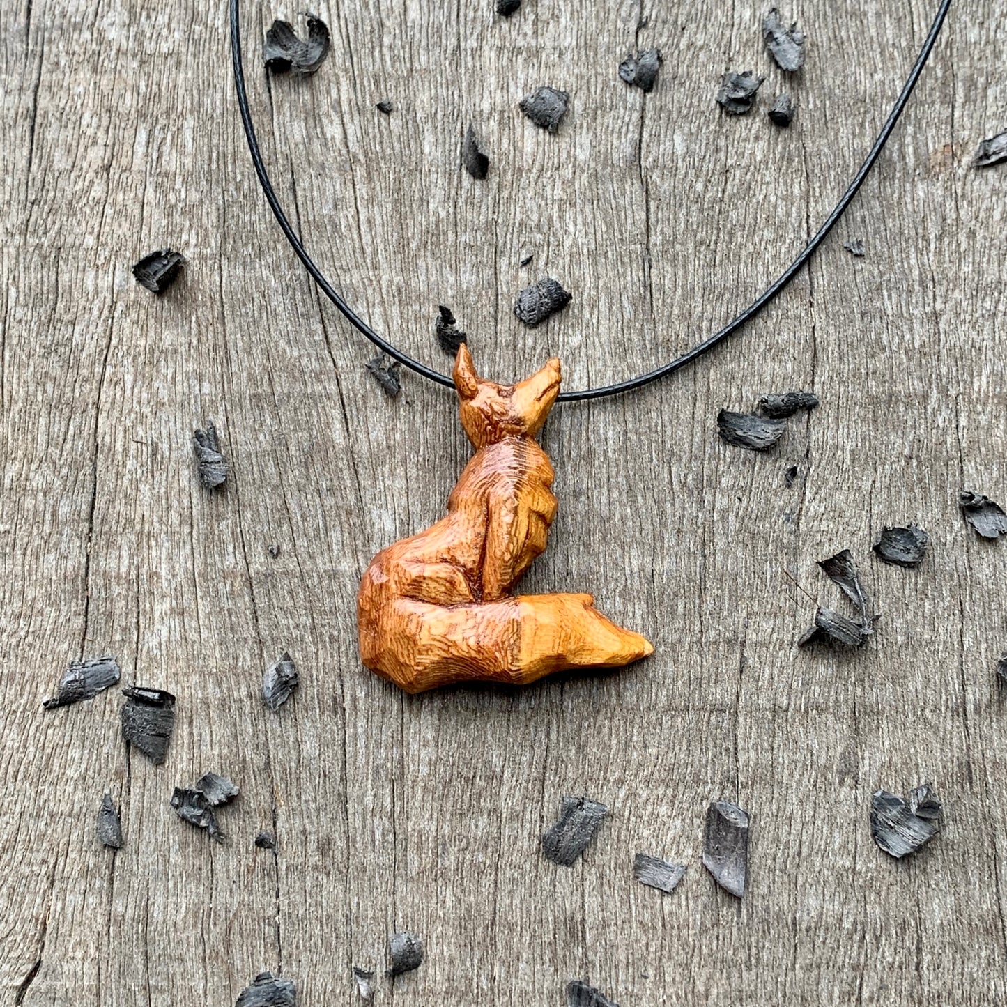 Hand Carved Fox Pendant Necklace, Almond Wood Jewelry