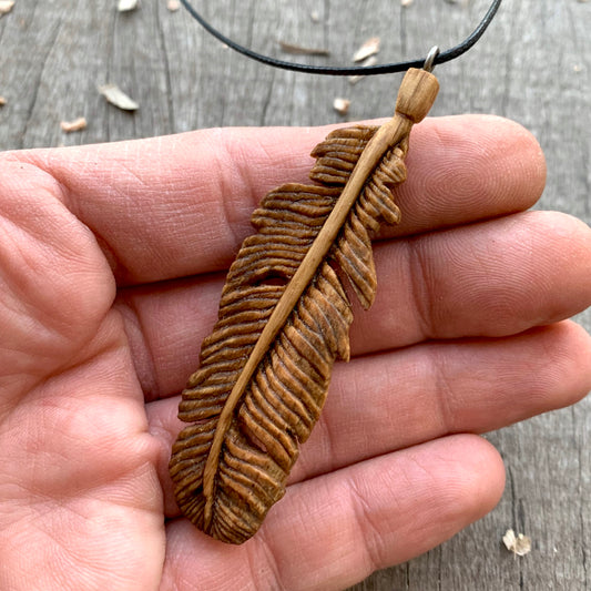 Feather Oak Wood Pendant, Hand Carved Wooden Necklace