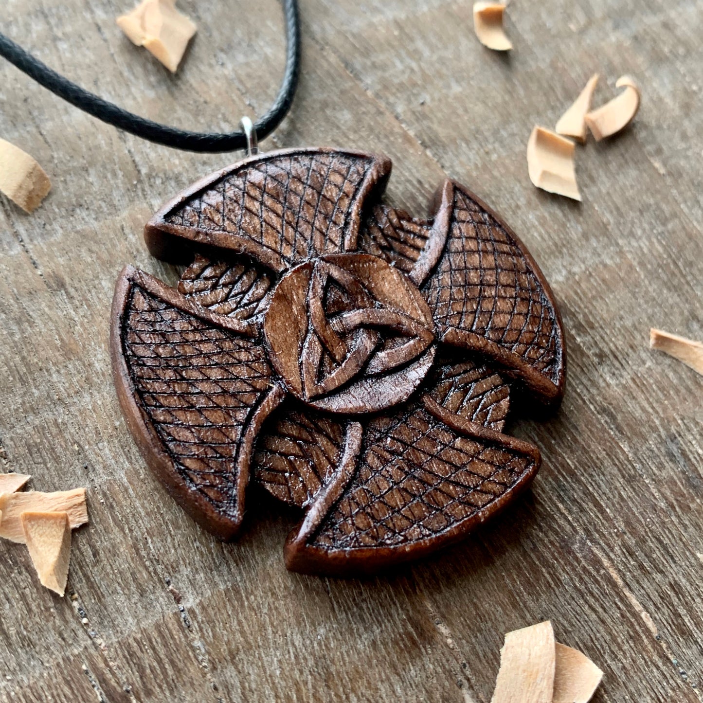 Celtic Cross Triquetra Walnut Wood Pendant