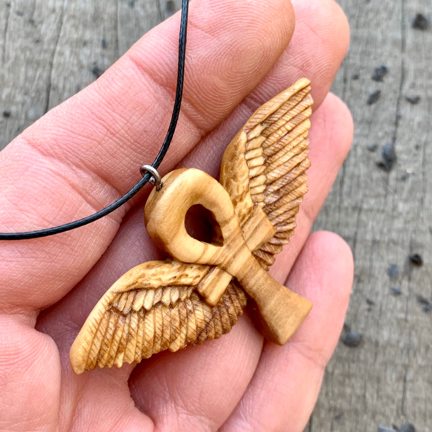Ankh with Wings Necklace, Handmade Olive Wood Pendant