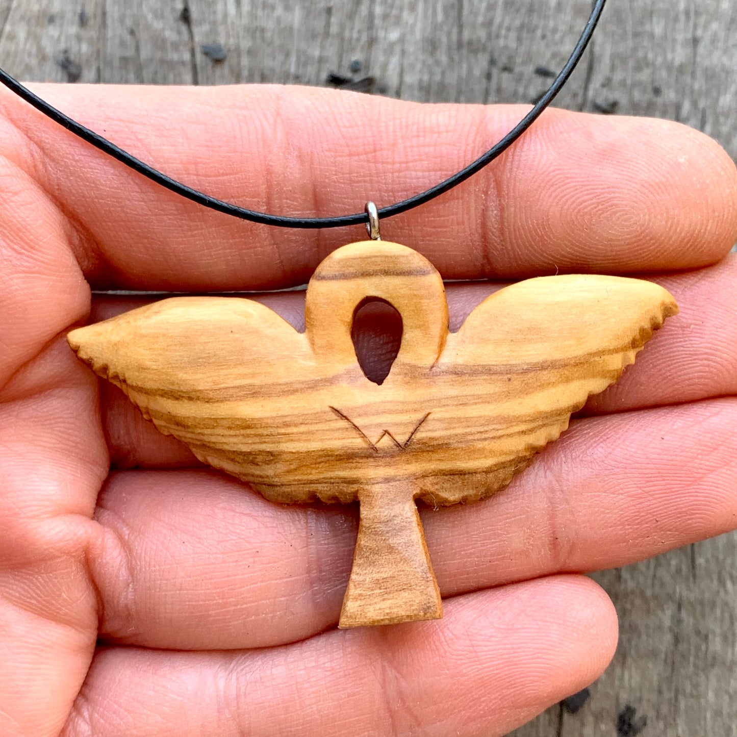 Ankh with Wings Necklace, Handmade Olive Wood Pendant