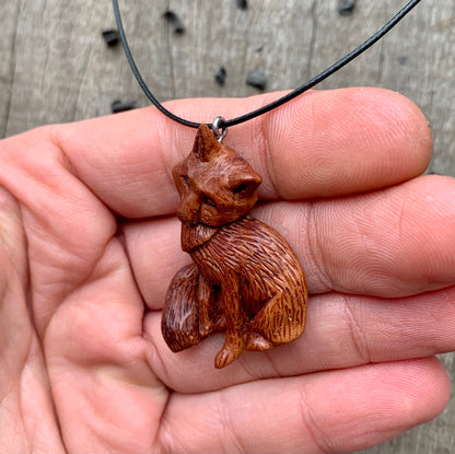 Hand Carved Fox Necklace, Fox Pendant, Apricot Wood Jewelry