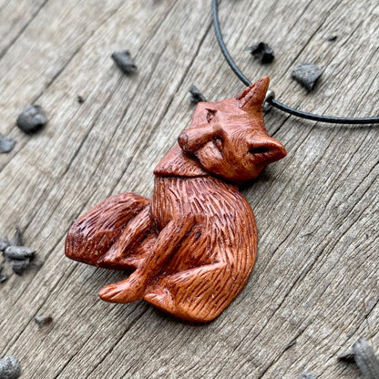 Hand Carved Fox Necklace, Fox Pendant, Apricot Wood Jewelry