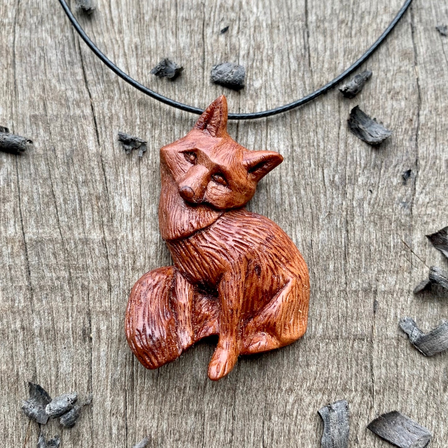 Hand Carved Fox Necklace, Fox Pendant, Apricot Wood Jewelry