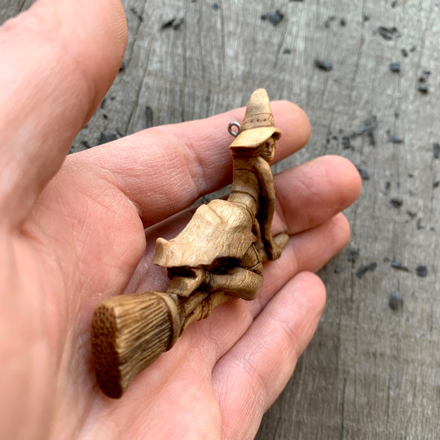 Hand Carved Witch Necklace, Witch Walnut Wood Pendant