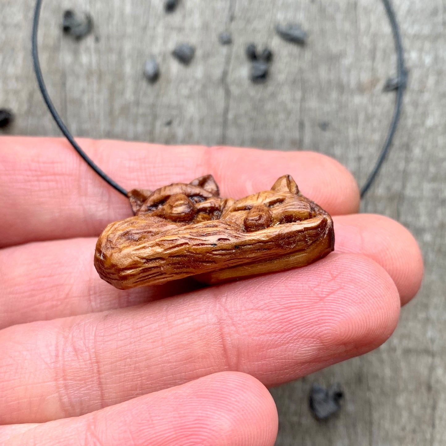 Two Lying Foxes Pendant, Plum Wood Necklace