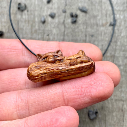 Two Lying Foxes Pendant, Plum Wood Necklace