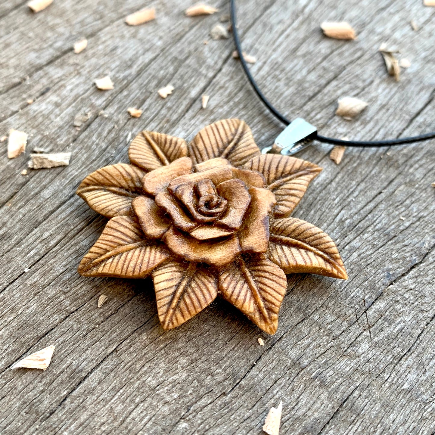 Open Rose and Leaves Pendant