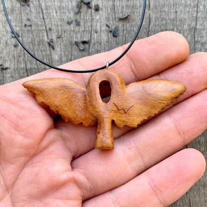 Hand Carved Ankh with Wings Necklace, Almond Wood Pendant