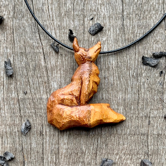 Hand Carved Fox Pendant Necklace, Almond Wood Jewelry