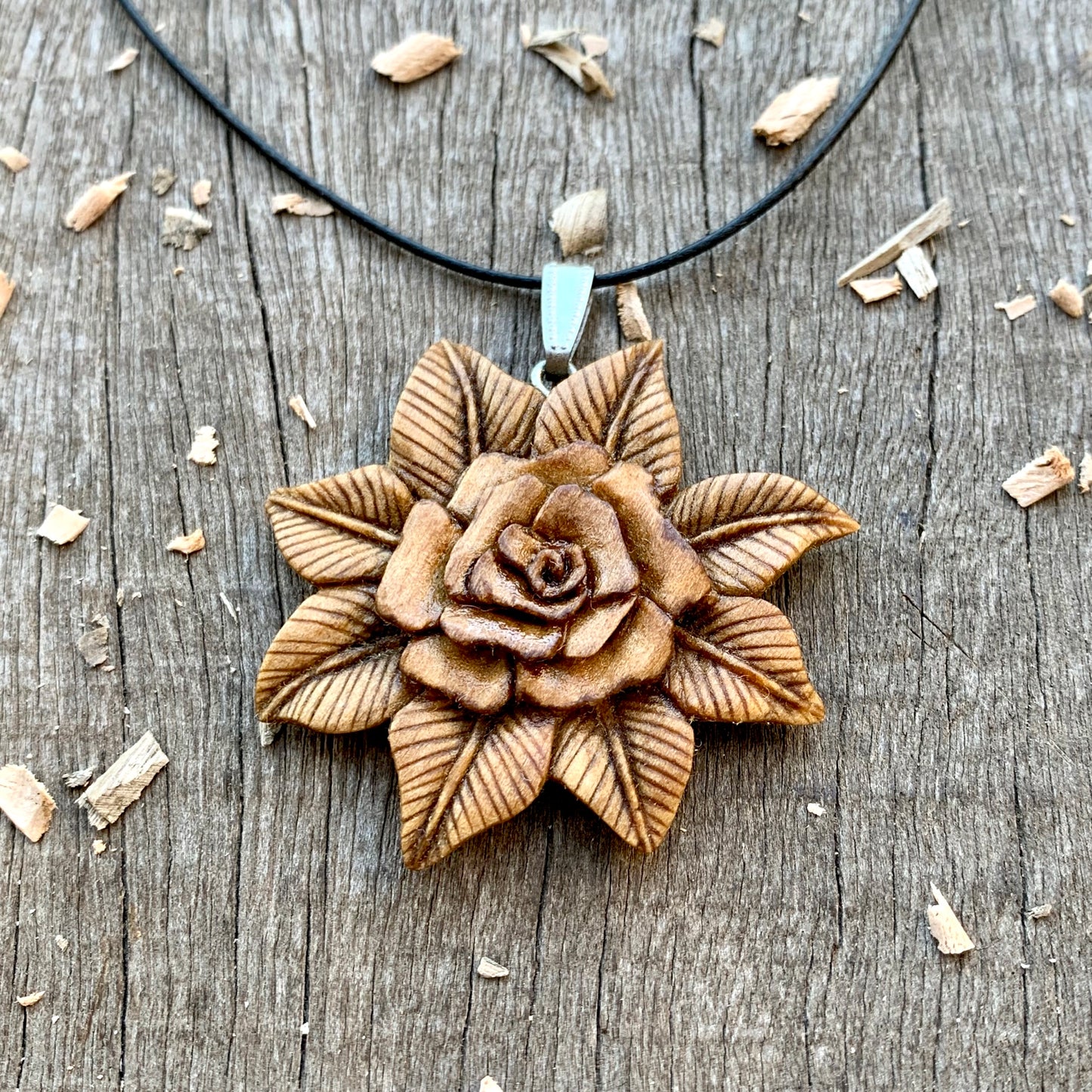 Open Rose and Leaves Pendant