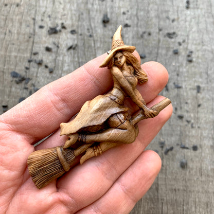 Hand Carved Witch Necklace, Witch Walnut Wood Pendant