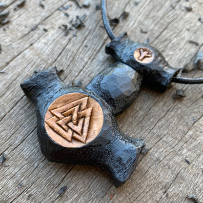 Thor’s Hammer with Valknut and Algiz Rune Pendant