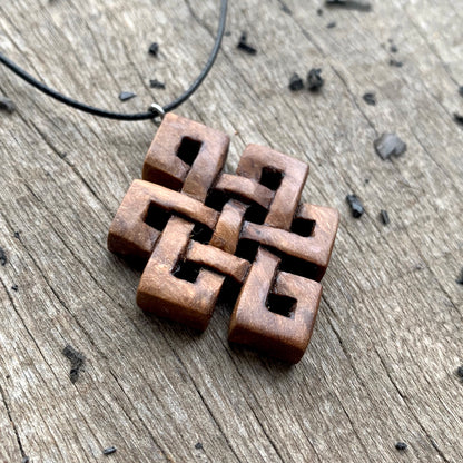 Hand Carved Endless Knot necklace, Celtic Wood Pendant