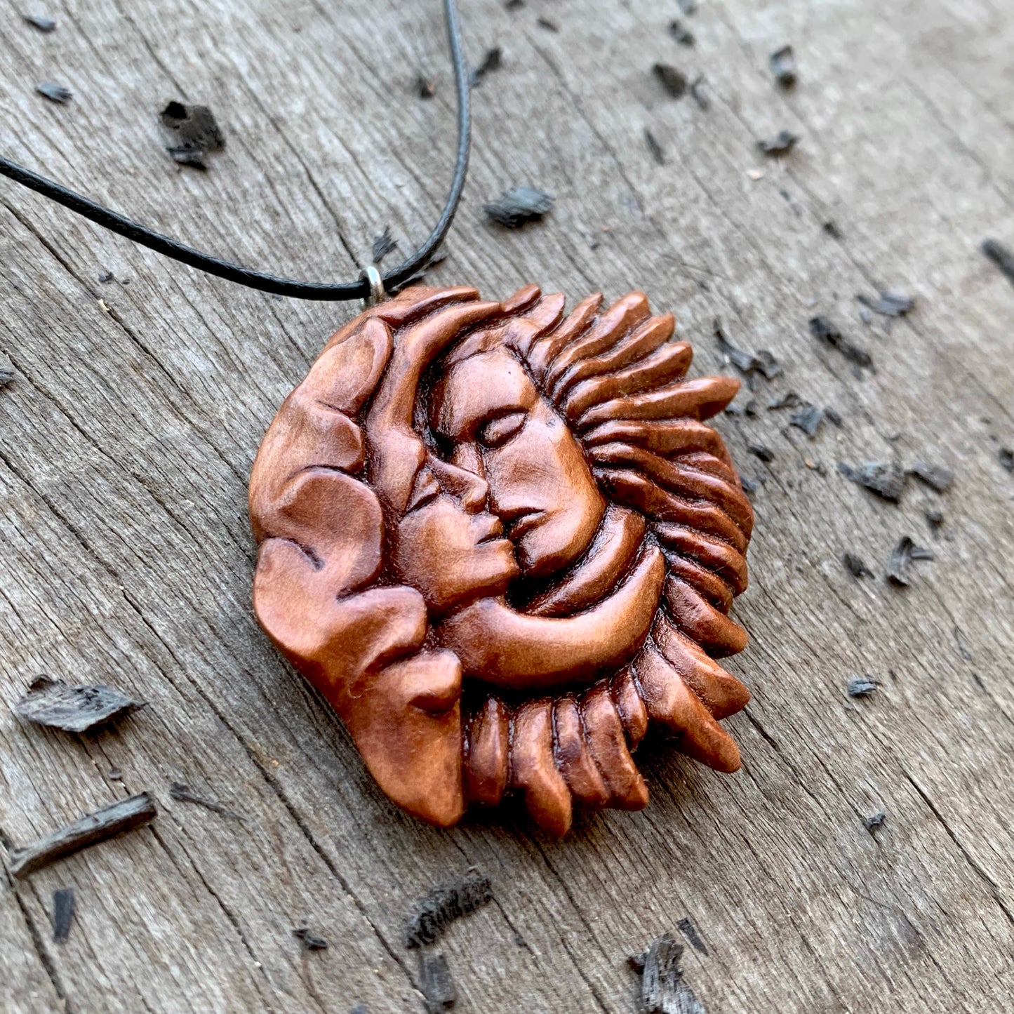 Sun and Moon Kissing Pendant, Hand Carved Wooden Necklace