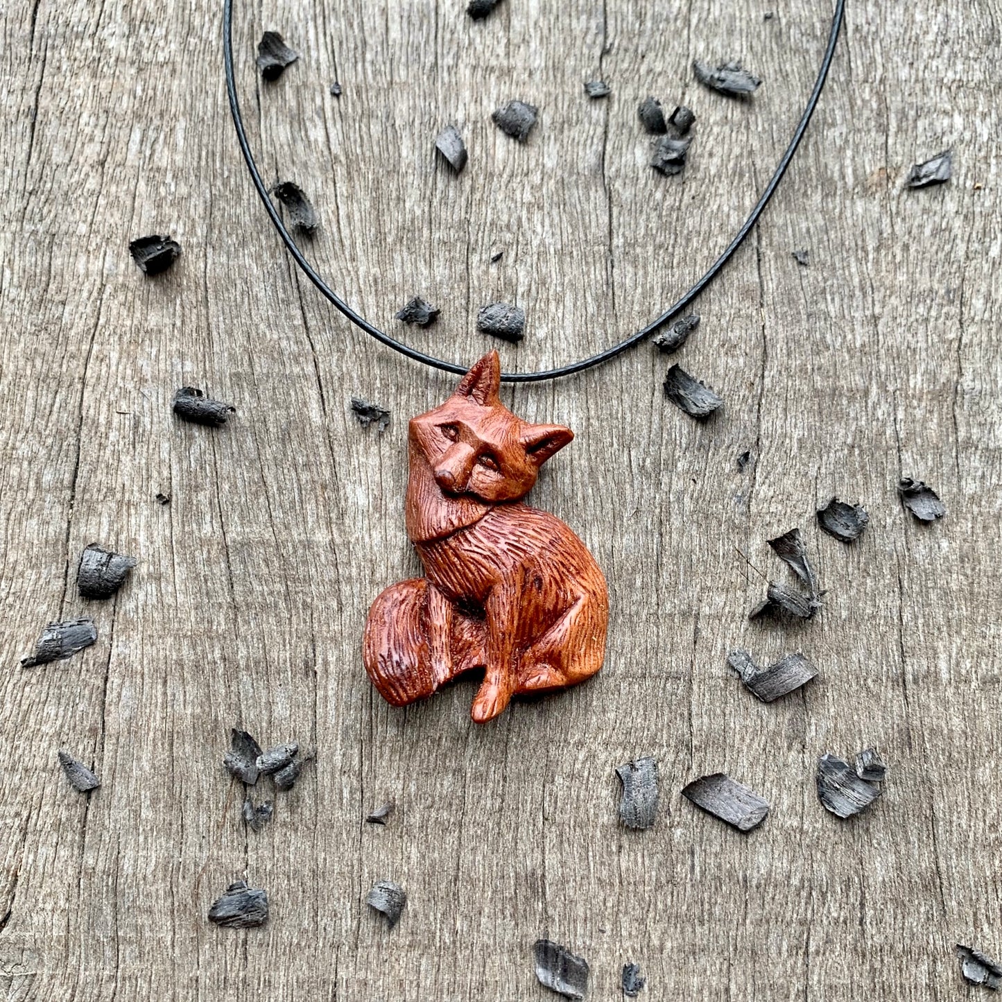 Hand Carved Fox Necklace, Fox Pendant, Apricot Wood Jewelry