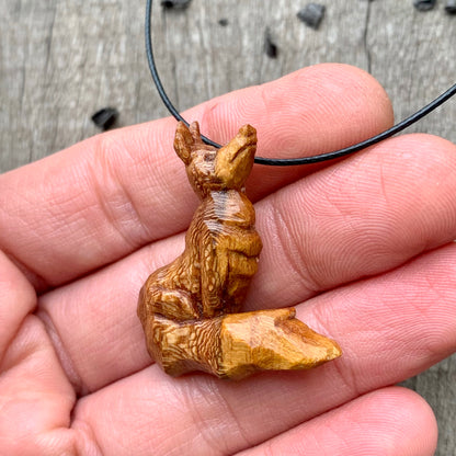 Hand Carved Fox Pendant Necklace, Almond Wood Jewelry