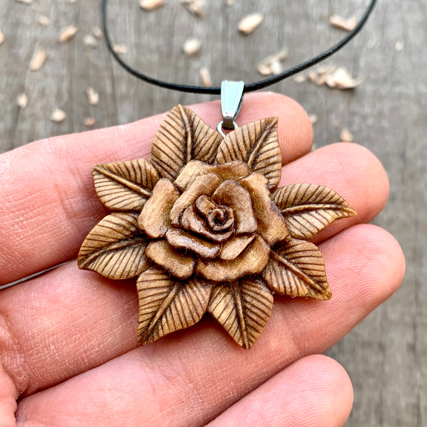 Open Rose and Leaves Pendant