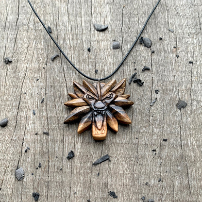 Witcher Wolf Necklace, Hand Carved Walnut Wood Pendant