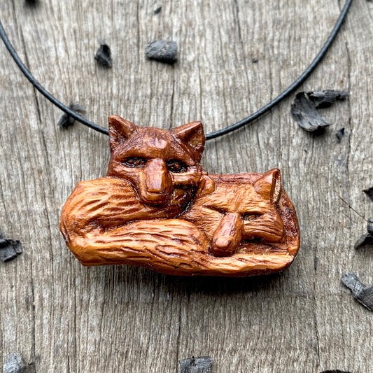 Two Lying Foxes Pendant, Plum Wood Necklace