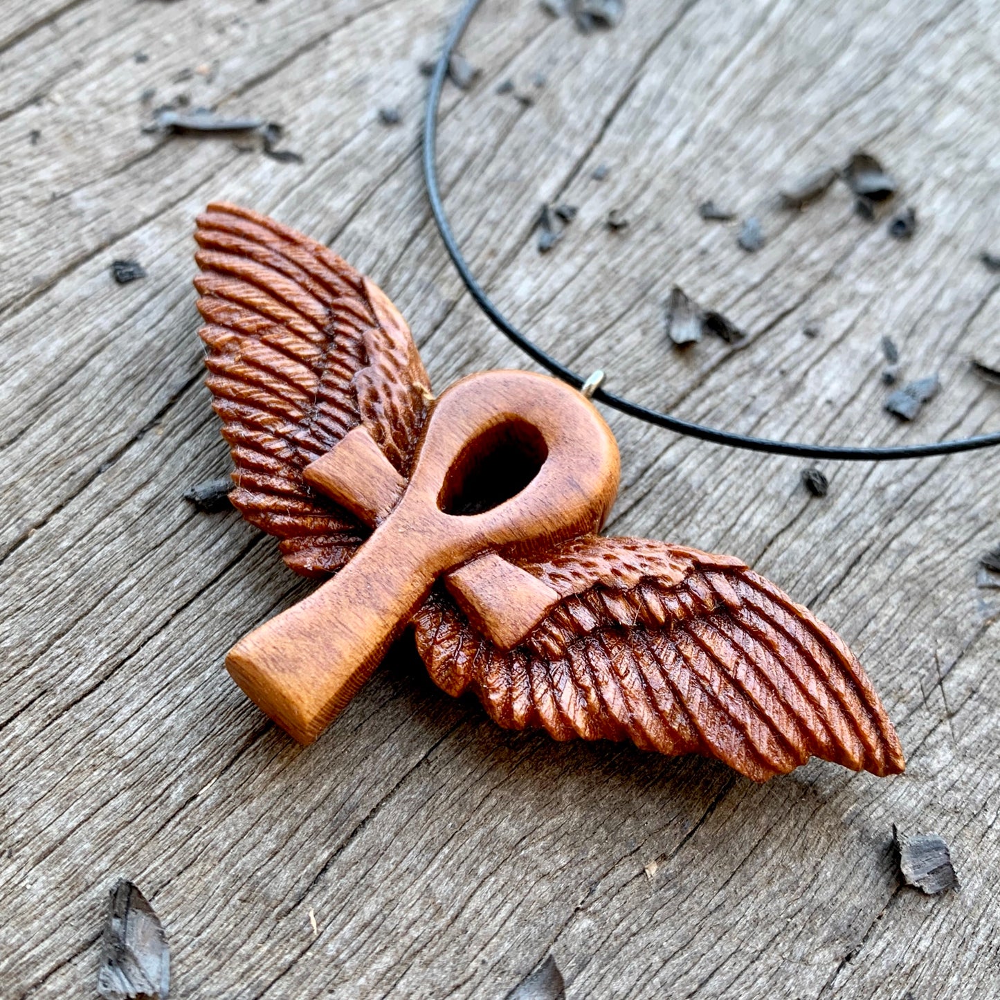 Hand Carved Ankh with Wings Necklace, Almond Wood Pendant