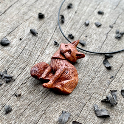 Hand Carved Fox Necklace, Fox Pendant, Apricot Wood Jewelry