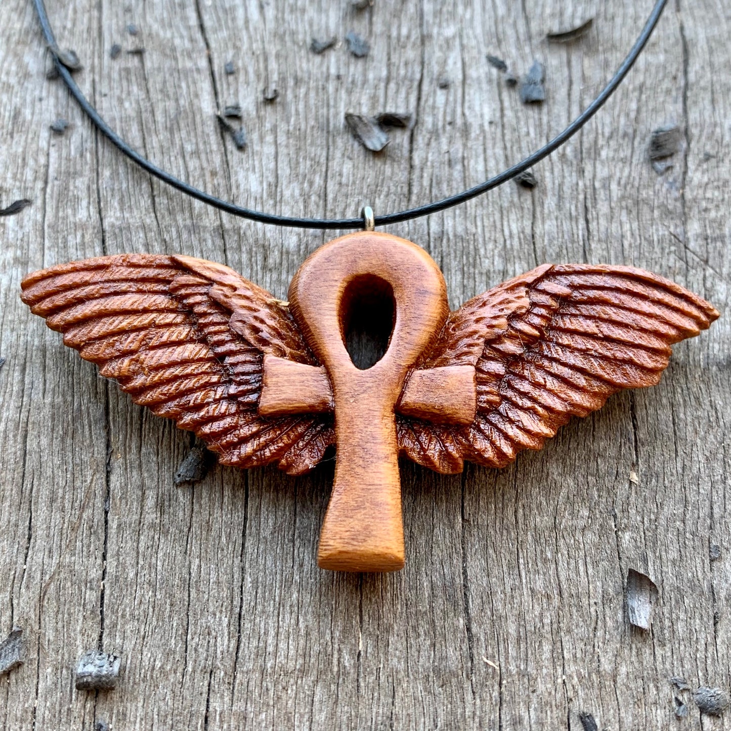 Hand Carved Ankh with Wings Necklace, Almond Wood Pendant