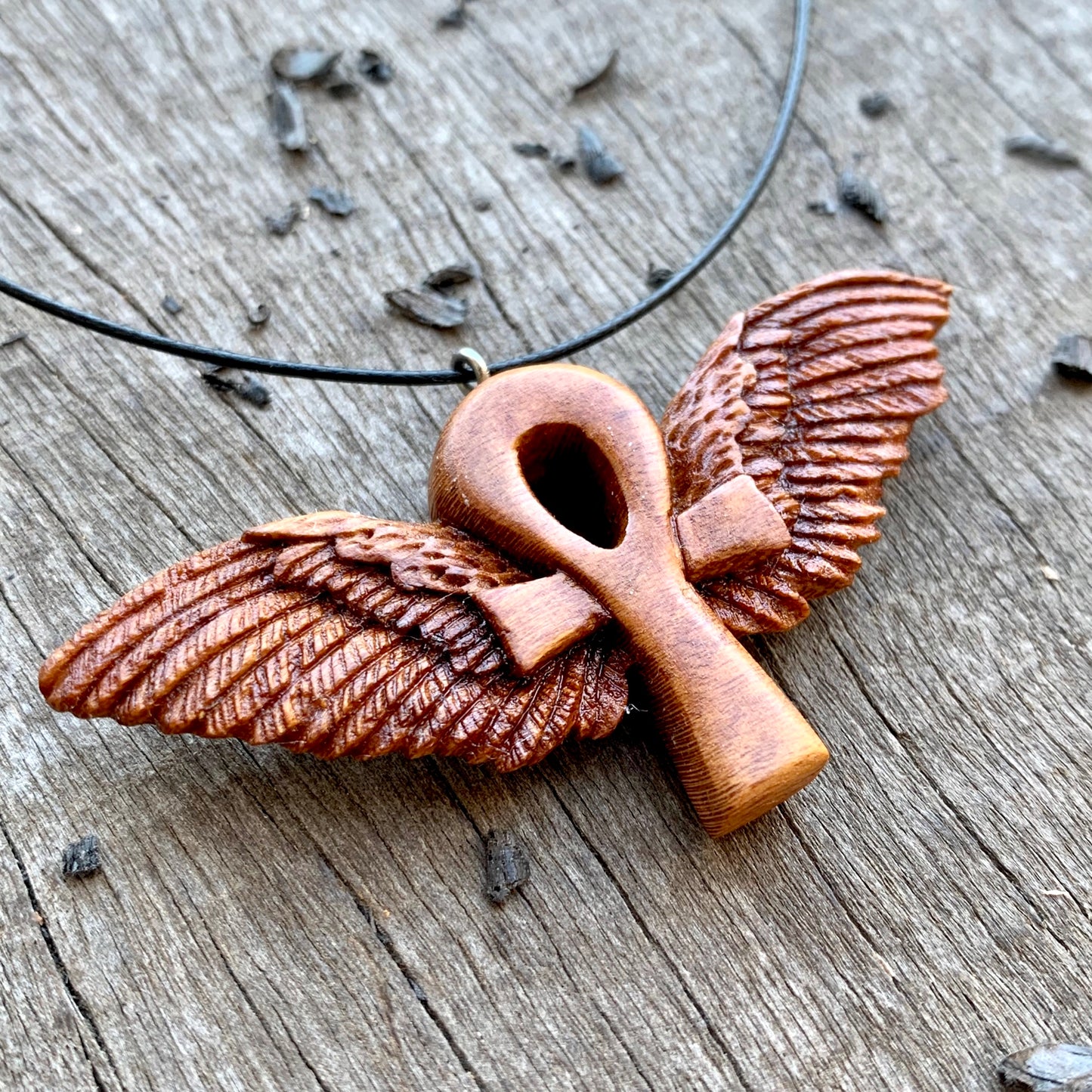 Hand Carved Ankh with Wings Necklace, Almond Wood Pendant