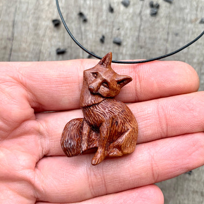 Hand Carved Fox Necklace, Fox Pendant, Apricot Wood Jewelry