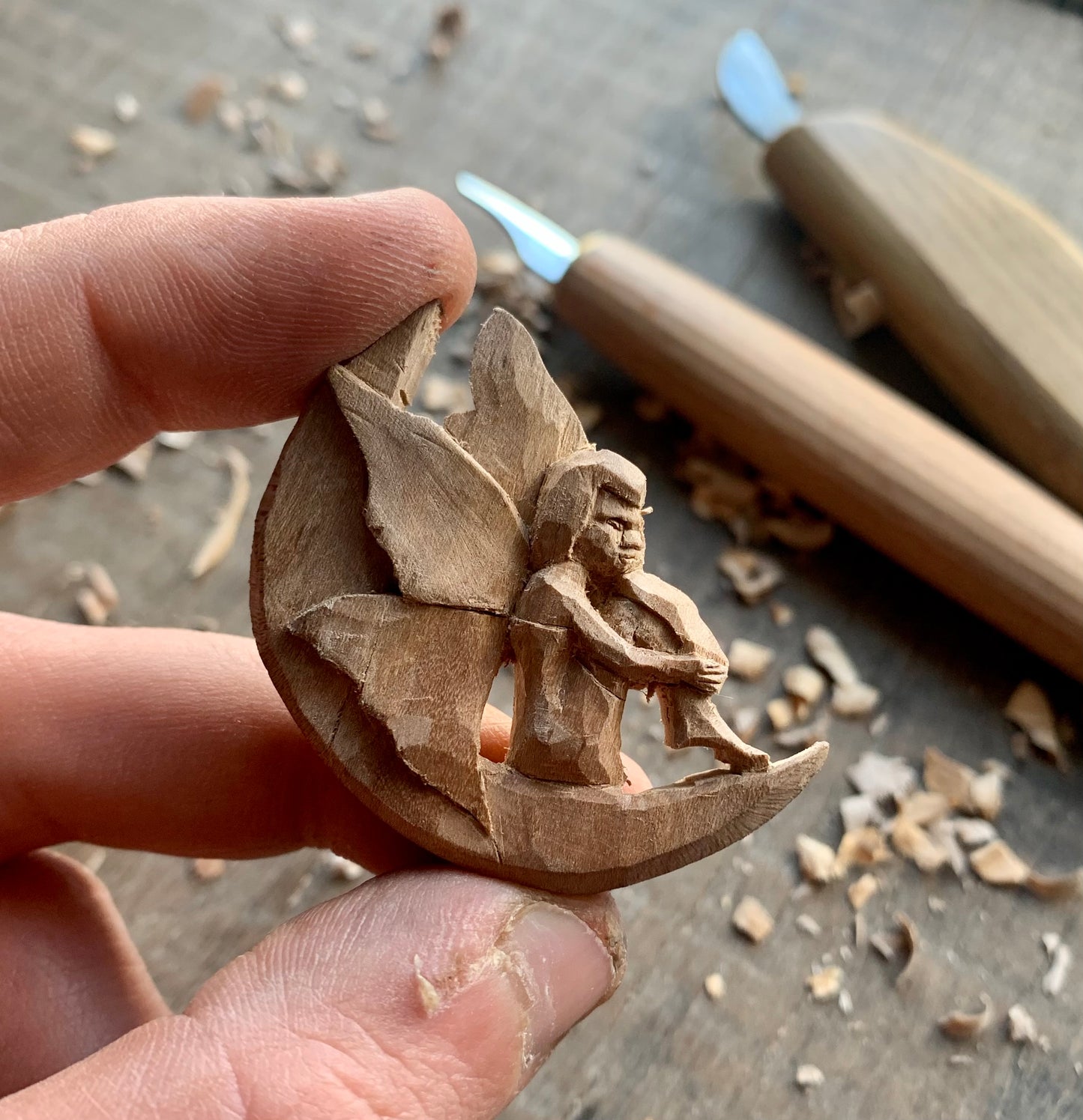 Fairy On The Moon Plum Wood Pendant