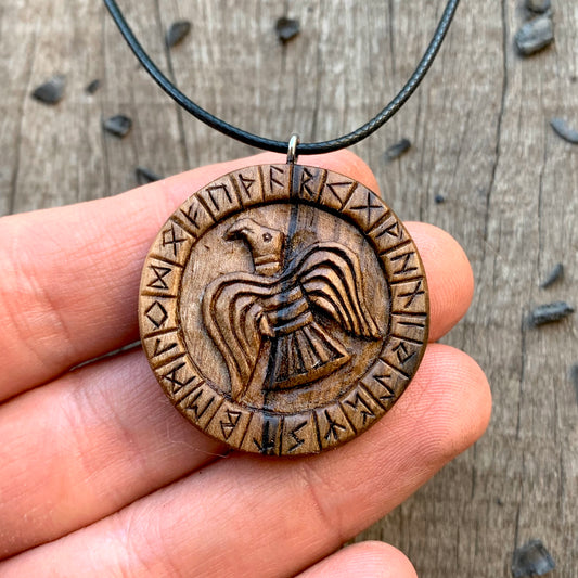 Viking Raven with Runes Pendant