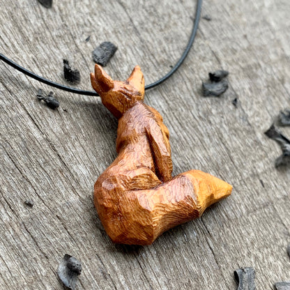 Hand Carved Fox Pendant Necklace, Almond Wood Jewelry