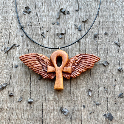 Hand Carved Ankh with Wings Necklace, Almond Wood Pendant