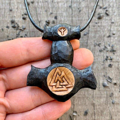 Thor’s Hammer with Valknut and Algiz Rune Pendant