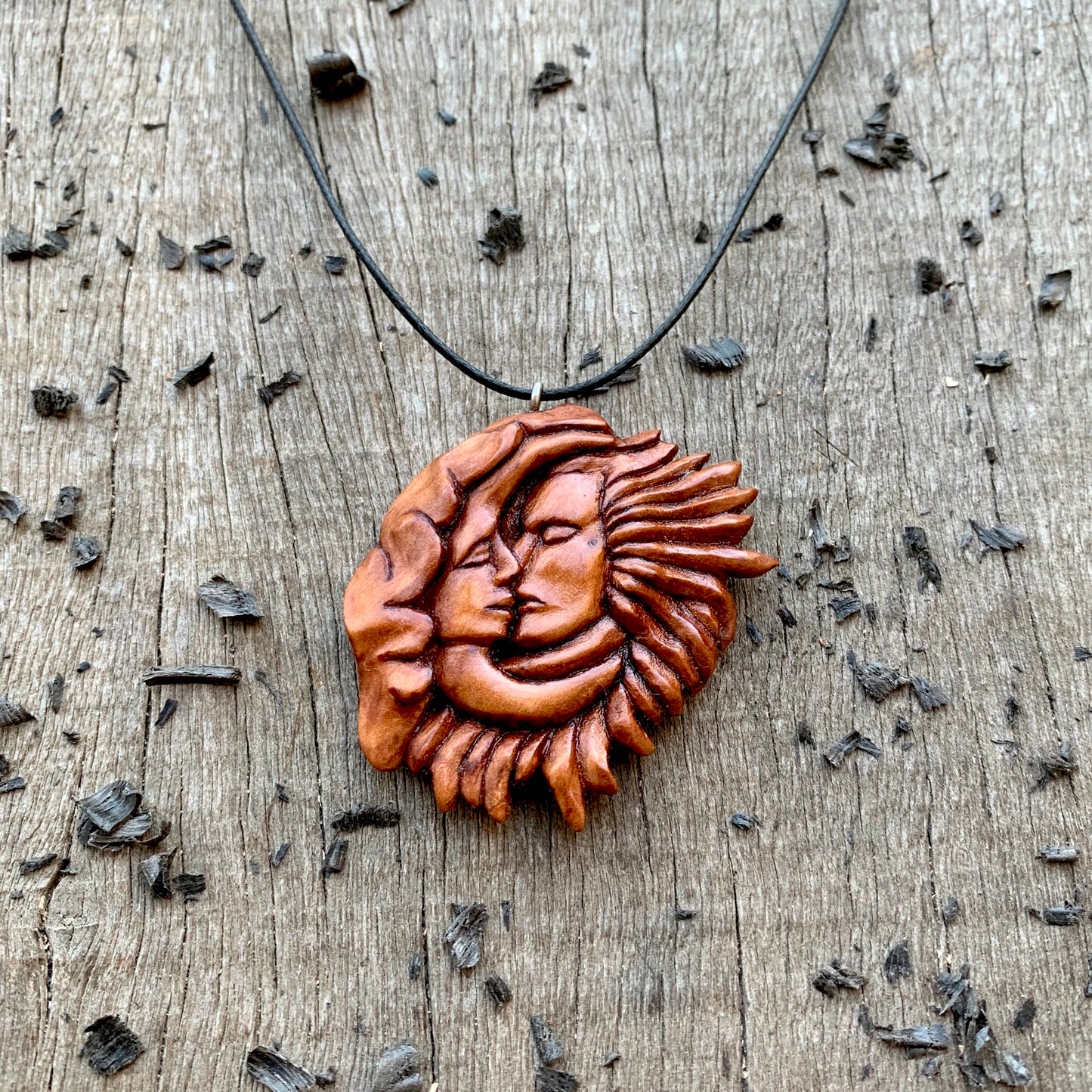 Sun and Moon Kissing Pendant, Hand Carved Wooden Necklace