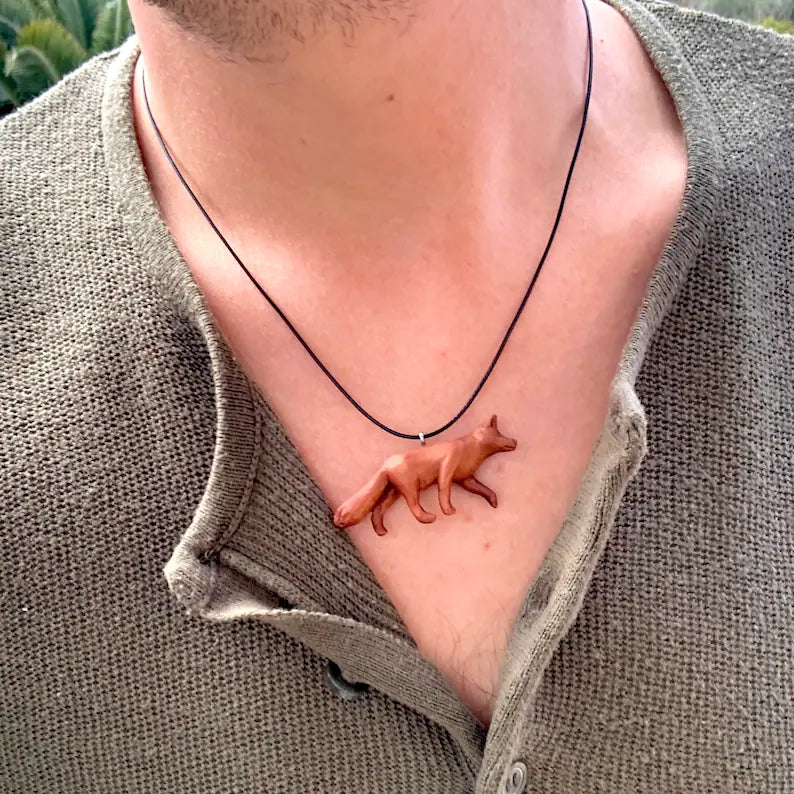 Hand Carved Fox Necklace, Apricot Wood Pendant