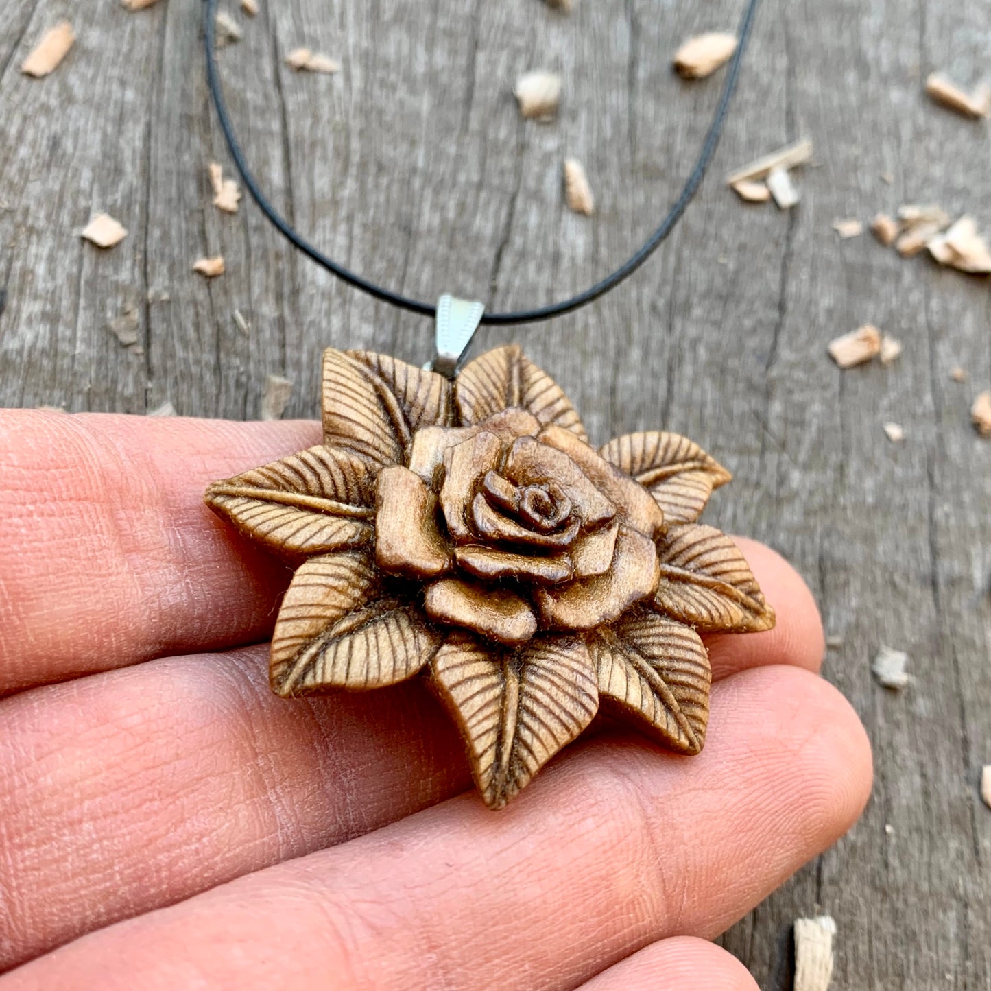 Open Rose and Leaves Pendant